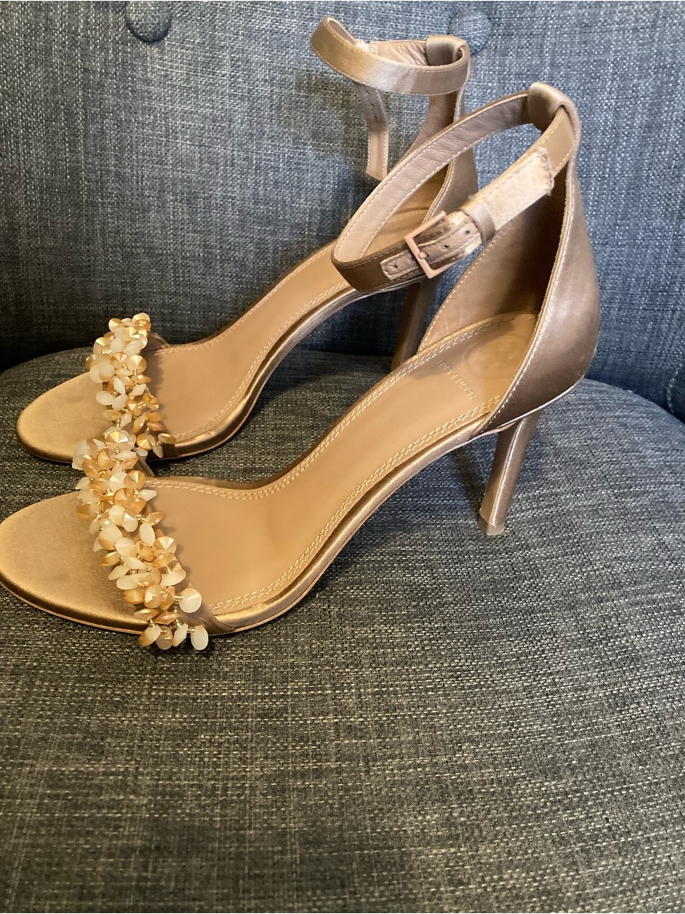 Tory Burch Champagne Logan Embellished Satin Formal Heels